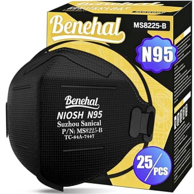 benehal NIOSH Approved N95 Face Masks Particulate Respirators, Pack of 25 N95 Masks, Individually Wrapped, Black