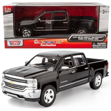 All Star Toys Exclusive 2018 Chevy Silverado 1500 LTZ Crew Cab Black with Chrome Trim 1:27 Diecast Model Motormax 79353