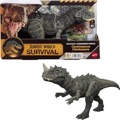Mattel Jurassic World Wild Roar Ceratosaurus Dinosaur Action Figure Toy with Chomp Attack, Light Up Feature & Roar Sound, Scan Code for Digital Play