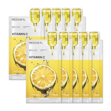 Mediheal Vitamin C Essential Sheet Mask Clear Toning 10 pcs. 99% Pure Vitamin C & 10 Vita Actives for hydration, blemish. Vegan formula