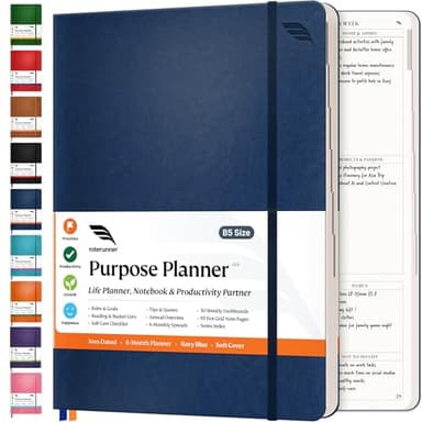 Roterunner Purpose Planner Notebook B5 7.5”x9.8” Undated Planner 2025 Daily Weekly and Monthly Productivity Goal Setting Tool for Work Home