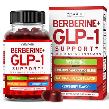 GLP-1 Gummies (GLP1 Supplement with Berberine & Ceylon Cinnanom) GLP Gummies for Support Gut Health - Delicious Peach & Raspberry Flavor - Third Party Tested, Vegan & USA Made - 60 Count