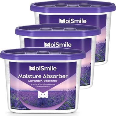 Moismile Moisture Absorbers, Efficient Lavender Vanilla Humidity Absorber ＆ Odor Eliminator Boxes, Refillable Car Dehumidifier for Closet, Bathroom, Basement＆ RV, 3 Pack
