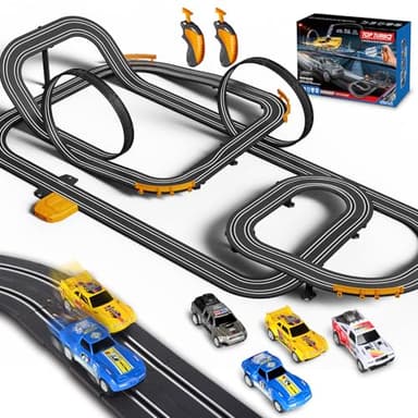 Slot Car Race Track with 4 High-Speed Racing Cars Battery or Electric Race Car Toy for Kids Boys, Dual Racing Game 2 Hand Controllers Toys for Girls Children Age 6,7,8-12 Years Old