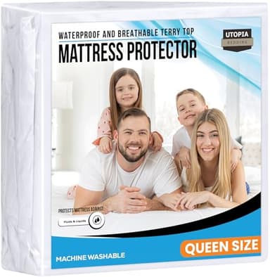 Queen Size Mattress Protector Waterproof, Premium 200 GSM Terry Mattress Cover, Soft & Breathable Bed Cover, Fitted Sheet Style Stretchable Deep Pockets 17" by Utopia Bedding (White)