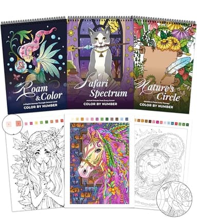 TOYSKY Coloring Books for Adults Relaxation Set of 3,Color by Number Adult Coloring Books Spiral Bound, Relieving with 60 Mandalas Animals Flowers and Cartoons,Gift for Women & Men