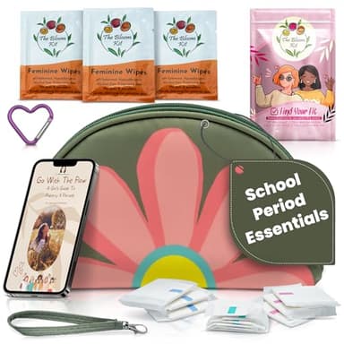 The Bloom First Period Kit for Girls 9-12, Cute Sanitary Napkin Storage Bag Gifts for Girls, Tween Period Starter Kit, Portable Waterproof Emergency Sanitary Pad Pouch for Active Girls - 16 PC (Green)