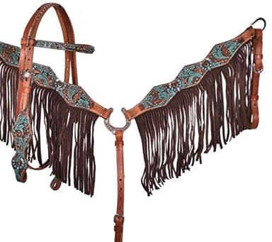 Showman Turquoise & Brown Floral Tooled Headstall & Breast Collar Set w/Fringe
