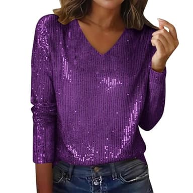BXJX Sequin Shirts for Women Sequin Tops for Women Long Sleeve V Neck Party Night Blouses Trendy Lounge Glitter Sparkly Dressy Shirts for Holiday Purple S