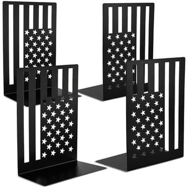 AceOrbit 4 Pack Large Metal Bookends for Shelves Heavy Books 6.7 Inch Decorative Heavy Duty Bookend Black Patriotic American Flag Stopper Dividers Organizer for Memorial Day Office Bookshelf Home Desk