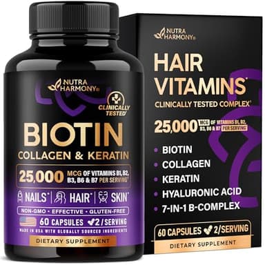 NUTRAHARMONY Biotin | Collagen | Hyaluronic Acid | Keratin - Support Normal Hair Growth Cycle - Skin & Nails - 25000mcg Vitamins B1, B2, B3, B6 & B7 - for Women & Men - Made in USA | 60 Capsules