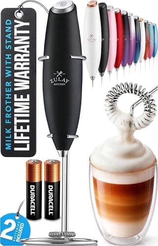 Zulay Kitchen Powerful Milk Frother Wand With 2 Duracell Batteries - Ultra Fast Handheld Drink Mixer - Electric Whisk Foam Maker for Coffee, Lattes, Cappuccino, Matcha, Hot Chocolate & Creamer - Black