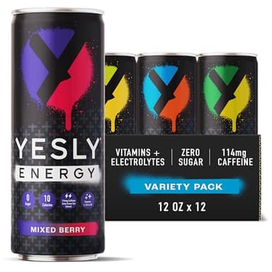 Yesly Energy Drink, Variety Pack, Naturally Flavored Sparkling Energy Drink With Electrolytes, Magnesium, Potassium, Vitamin C, B6 & B12, Natural Caffeine From Green Tea, 12 Fl Oz Cans, 12 Pack