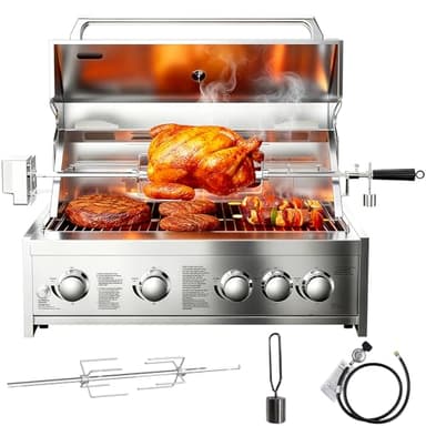 BODEGA 5 Burner Built In Gas Grill Island Head, Stainless Steel 30 Inch Propane Grill with Rear Burner, 58000 BTUs, 988.5 SQ In Racks, Dual Fuel Compatibility, Gas Grill Outdoor Cooking, BBQ Fork Kit.