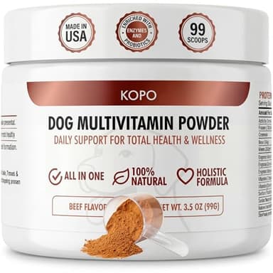 Kopo Dog Multivitamin Powder | Supports Heart, Daily Vitality, Immune Health, Digestion, Skin & Coat and Hip & Joint | For Puppy, Adult & Senior Dogs | Beef Liver Flavor | All Breeds Sizes | 99 Scoops