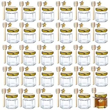 XING-RUIYANG 1.5 oz Hexagon Mini Glass Honey Jars -30Pack Honey Jars with Wood Dipper, Gold Lid, Bee Pendants, Jutes - Perfect for Baby Shower, Wedding Favors, Party Favors