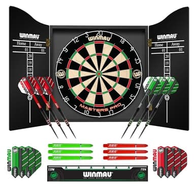 Winmau Masters Pro Premium Bristle Dartboard and Cabinet Set - Includes Dart Board, Darts, Flights, Shafts and Oche Strip - Professional Steel Tip Dartboard Set for Adults