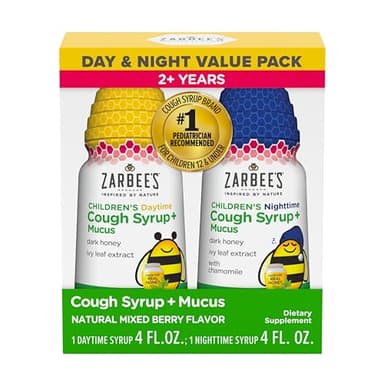 Zarbee's Kids Cough + Mucus Day and Night Value Pack with Honey, Ivy Leaf, Zinc, Elderberry, Chamomile, Berry, Pediatrician Recommended, Alcohol Free, No Artificial Sweeteners, 2X 4 fl. oz. Bottles