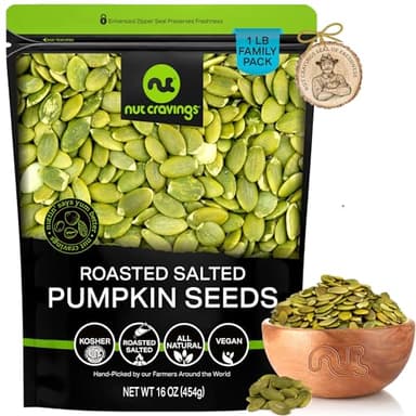 NUT CRAVINGS - Roasted & Salted Pumpkin Seeds, Pepitas, No Shell (16oz - 1 LB) Packed Fresh in Resealable Bag - Nut Snack - Food Assortments
