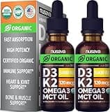 (2 Pack) Organic Vitamin D3 K2 Drops with MCT Oil, Omega 3, 5000 IU - Vitamin D Liquid, No Fillers, Non-GMO D3 for Body’s Defenses and Faster Absorption, Unflavored, 2 Fl Oz