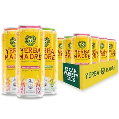 Yerba Madre Organic Yerba Mate, Energy Drink Alternative, Lower-Sugar Variety Pack, 150mg Plant Based Caffeine, Smooth Energy & Focus, No Jitters or Crash, 15.5oz Cans (Pack of 12)