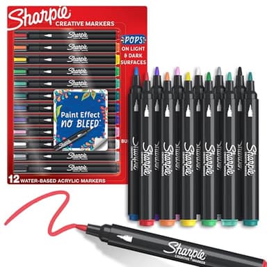 Sharpie Creative Markers, Water-Based Acrylic, Bullet Tip, Assorted Colors, 12 Count – Arts & Crafts, Kids Activity, School Classroom; Works on Paper, Metal, Wood, Ceramic, Glass, Rock, Canvas