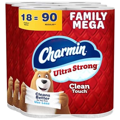 Charmin Ultra Strong Clean Touch Toilet Paper, 18 Family Mega Rolls = 90 Regular Rolls