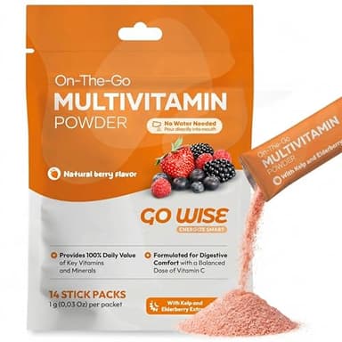 Go Wise On The Go Multivitamin Powder, 14 Vegan Daily Vitamin Packets for Men & Women, Natural Berry Flavor, Gluten-Free Energy & Immune Support Supplement, Convenient Travel Vitamin Stick Packs