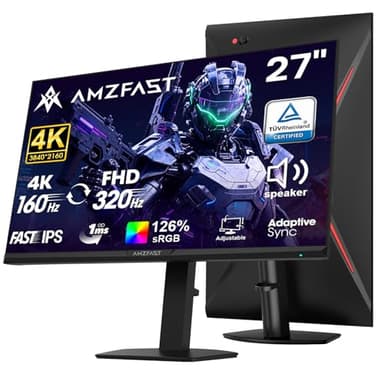 Amzfast 27’‘ 4K Gaming Monitor HDR 400, UHD 160Hz 144Hz | FHD 320Hz 300Hz Dual Mode PC Monitor, Built-in Speakers 1ms Fast IPS, 126% sRGB PIP/PBP, HDMI 2.1 x 2 & DP 1.4 x 2, Height Adjustment, VESA