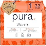 Pura Hypoallergenic Diapers, Size 1 (4-11 lbs), Newborn, Totally Chlorine Free, Wetness Indicator, Suitable for Sensitive Skin, Soft Organic Cotton Comfort, Overnight, 1 Pack of 32 Baby Diapers