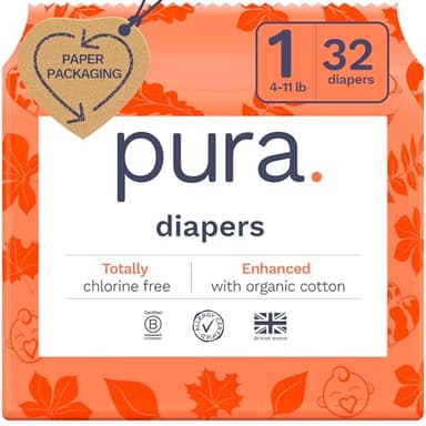 Pura Hypoallergenic Diapers, Size 1 (4-11 lbs), Newborn, Totally Chlorine Free, Wetness Indicator, Suitable for Sensitive Skin, Soft Organic Cotton Comfort, Overnight, 1 Pack of 32 Baby Diapers