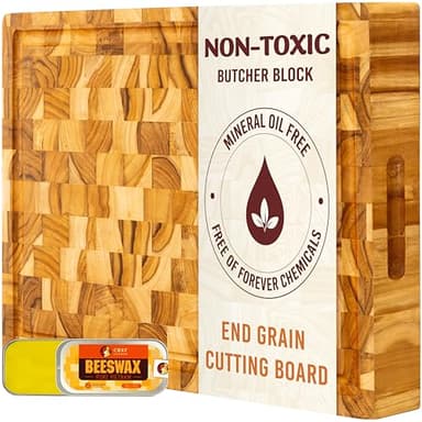 Chef Studio Large Teak Wood Cutting Board, End Grain Butcher Block for Kitchen, Big Wooden Kitchen Christmas, Thanksgiving Gifts for Hostess, Reversible, Hand Grips, Size 15.8x11x1.37 inch