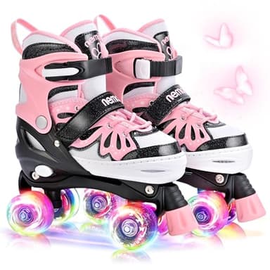 NEMONE 4 Size Adjustable Light up Roller Skates for Girls, Butterfly Roller Skates for Kids Ages 4-6 5-8 6-12 8-12, Todder Beginner Skates Indoor Outdoor Black Pink M