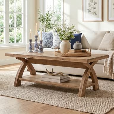 TRIBEWOOD Solid Wood Coffee Table with Storage Shelf, Farmhouse Rectangular Center Table with X-Shaped Legs, Industrial Accent Cocktail Tables for Living Room