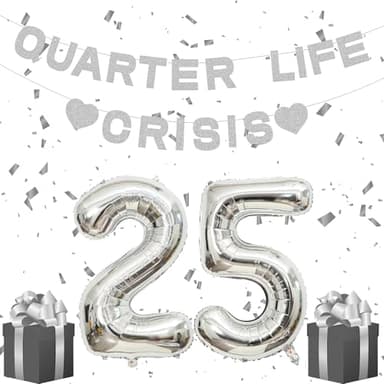 Holkcog 25th Birthday Decoration for Women, Silver Banner for 25 years old Quarter Life Crisis 25 Balloons Numbers Give Her Cheering 25th Birthday Gift Twenty-five Party Supplies