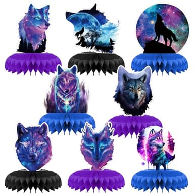 8 Pcs Galaxy Wolf Birthday Party Decoration, Starry Sky Wolf Theme Honeycomb Centerpieces 3D Double Sided Table Decorations, Animal Wolf Photo Booth Props for Kids Boys Girls Party Supplies