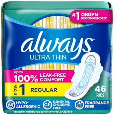 Always Ultra Thin Pads with Wings, Size 1, Regular, 46 Count