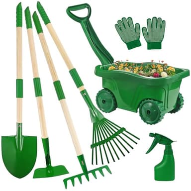 Duckura Kids Gardening Tools Set - 7pcs Wheelbarrow Set for Kids with Shovel, Rake, Leaf Rake, Summer Outdoor Yard Digging Weed Birthday Gifts Toys, Easter for Boys Girls Age 2 3+ Years(Green)