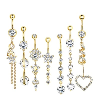 LOLIAS 7 Pcs Dangle Belly Button Ring - Hypoallergenic Surgical Steel Belly Rings for Women 14G Navel Button Piercing CZ Flower Heart Curved Navel Piercing Jewelry Gold