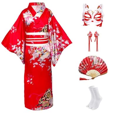 Japanese Kimono Dress for Girls Kids Anime Cosplay Halloween Costume Fancy Robe 5pcs S(130cm) Red
