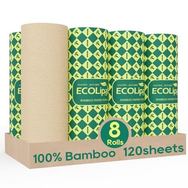 ECOlipak Paper Towels - 8 Rolls, 2 Ply 120 Sheets- Plastic Free, Tree Free, Compostable, Disposable Kitchen Paper Towels, Soft and Absorbent, PFAS Free, Nature