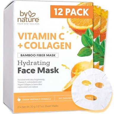By Nature Vitamin C + Collagen Sheet Face Mask with Vitamin E – Firming, Anti-Aging Facial Treatment for Radiance, Elasticity & Hydration – Skincare for Pre-Event Glow & All Skin Types – Pack of 12