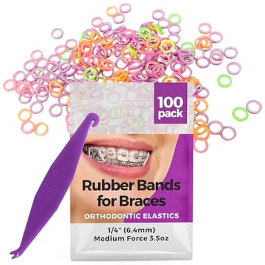 Orthodontic Rubber Bands for Braces 1/4 Medium Force 3.5 oz - 100 Pack, Neon, Elastic Braces Rubber Bands, Orthodontic Elastics for Fixing Tooth Gaps, Dreadlocks, Includes Free Elastic Placer