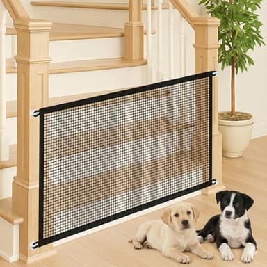 Minlend Pet Gate Mesh – No-Drill Easy Install, Good Helper,Portable Folding Dog Safety Fence for Stairs & Doorways, 43.3″ W x 28.3″ H with 4 Adhesive Hooks