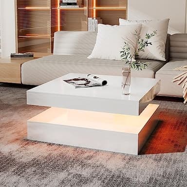 HedoAjim White LED Coffee Table for Living Room, 2-Tier Square Center Table Living Room Table, Modern High Glossy Contemporary Wood Coffee Tables with Storage, Suitable for Dining Reception