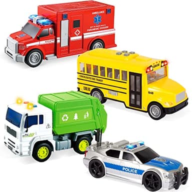 JOYIN 4 Pcs 7" Long Vehicle Toy Set, Toddlers Cars with Lights and Siren Sound, Including Play Police Car, School Bus, Garbage Truck, Ambulance, Birthday Party Gifts Toys for Boys 3-5