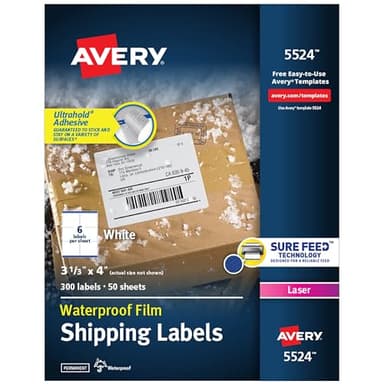 Avery Durable Waterproof Shipping Labels with Sure Feed Technology, 3-1/3" x 4", White, Laser Compatible, 300 Blank Labels Total, Great for Mailing, Branding, and More (5524)