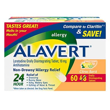 Alavert Allergy 24 Hour Relief, Citrus Burst Flavor, Orally Disintegrating Allergy Tablets, Non-drowsy Antihistamine, Loratadine 10mg, 60 Count