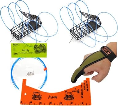 AirFly 6-Loops Crab Trap for Fishing Pole: Catches Dungeness, Rock & Blue Crabs, Made in USA (2 Traps+Gauge+Glove+6 Replace Loops)