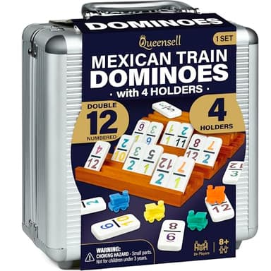 Queensell Mexican Train Dominoes Set with Numbers and 4 Holders - Wooden Hub and Domino Holders - Double 12 with Numbers (D12 Numbers + 4 Holders)